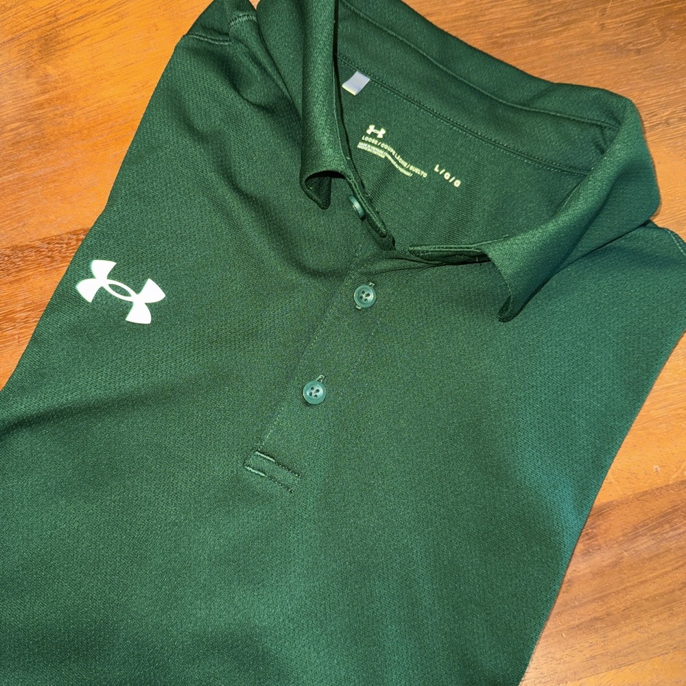 Under Armour Polo Shirt Mens Large Green Solid HeatGear Golf Performance Loose